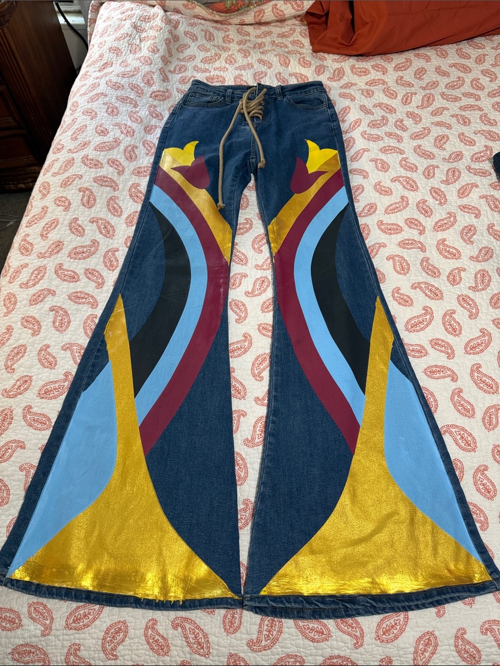 RARE Vintage Flared bell bottom Women’s Jeans with Gold & Blue Panel Accents